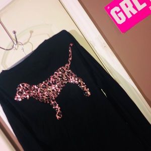 PINK Black Longsleeve T-shirt Leopard Embellished